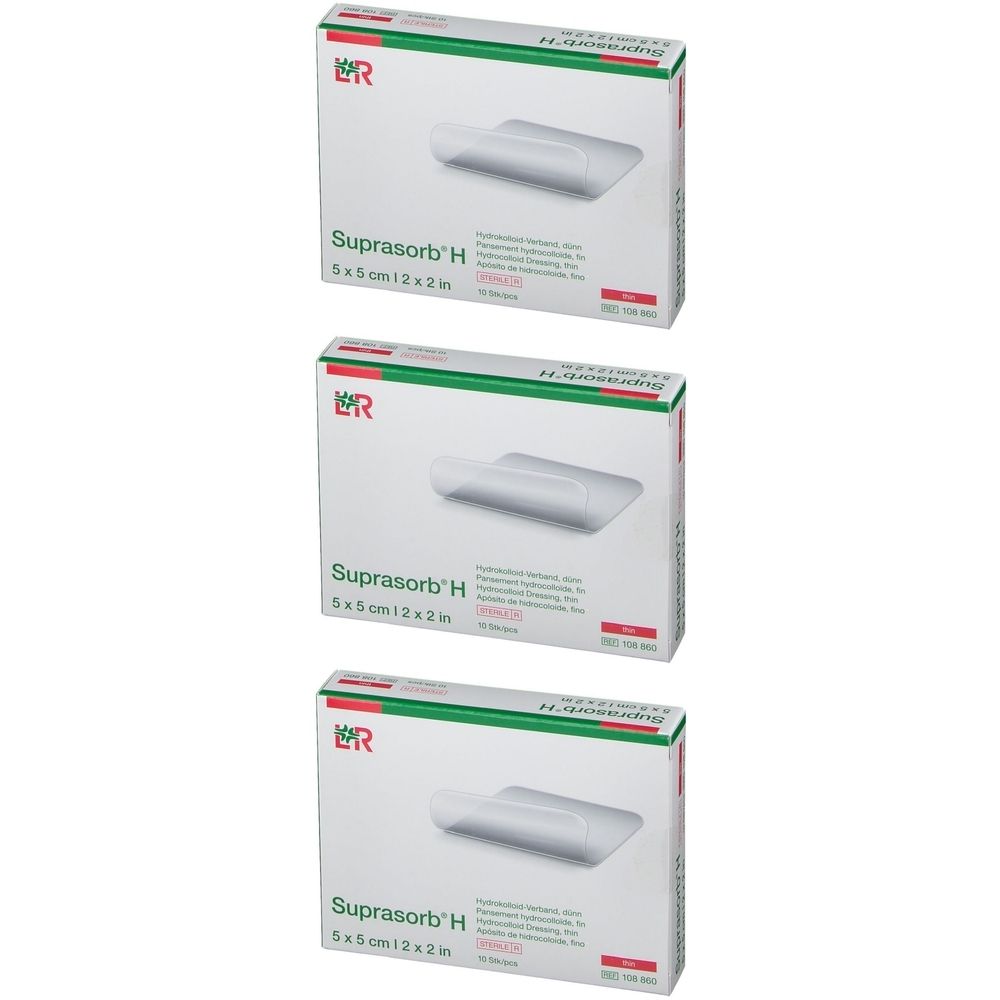 Drei Schachteln Suprasorb® H Hydrokolloid-Pflaster. Aufdruck: 5 x 5 cm, 12 x 2 in. Grün-weiße Verpackung mit Produktabbildung.