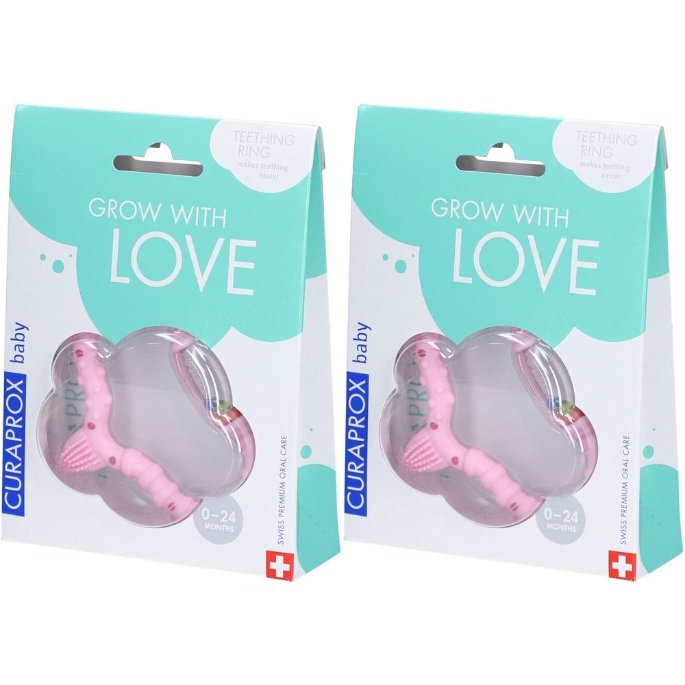 Zwei CURAPROX® Beißringe in Verpackung. Rosa Beißring in Wolkenform, 0-24 Monate. Aufschrift: GROW WITH LOVE.