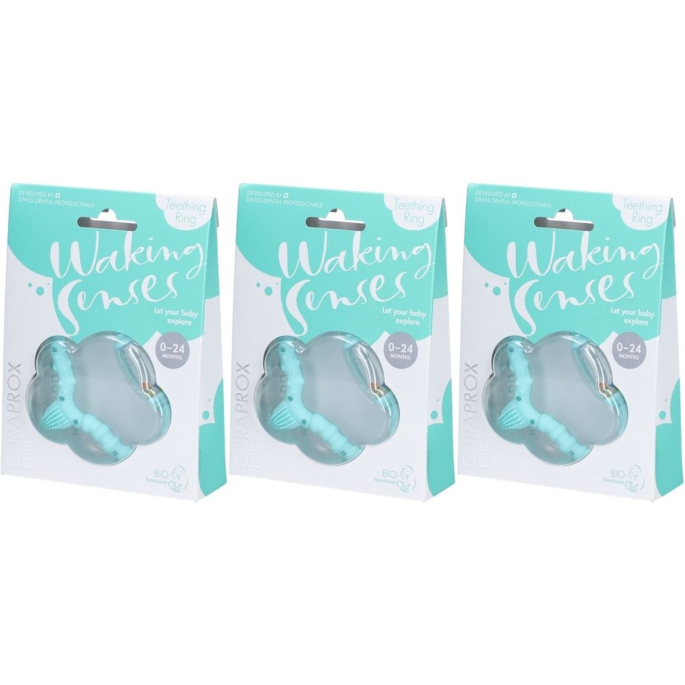 Drei Packungen CURAPROX® Beißring. Jede Packung zeigt einen Beißring in Wolkenform mit blauem Element. Aufschrift: Waking Senses.