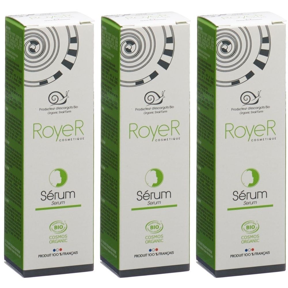 Drei identische Verpackungen von ROYER Serum. Weiß mit grünen Akzenten. Aufschrift: RoyeR, Sérum, BIO COSMOS ORGANIC.