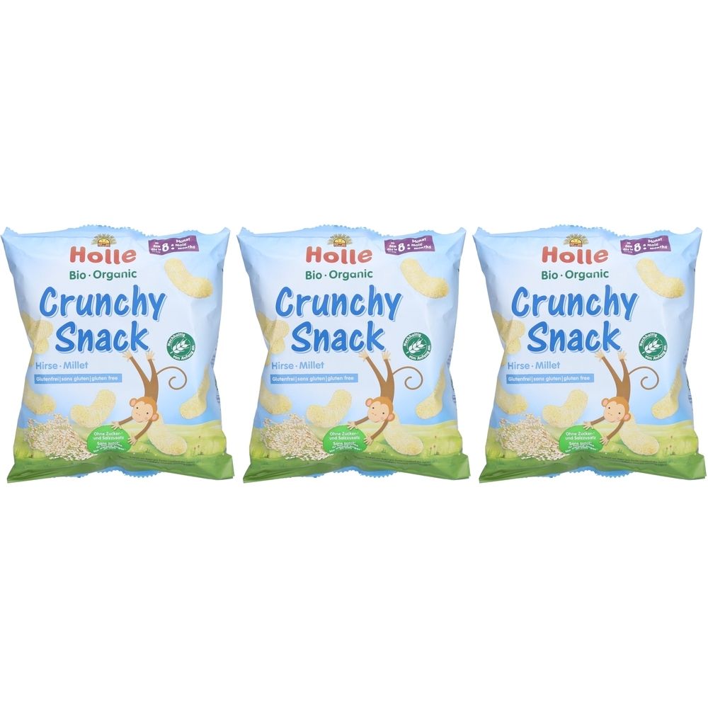 Drei Beutel HOLLE Crunchy Snack. Aufschrift: Bio-Organic, Crunchy Snack, Hirse-Millet. Abbildung eines Affen und Snacks.