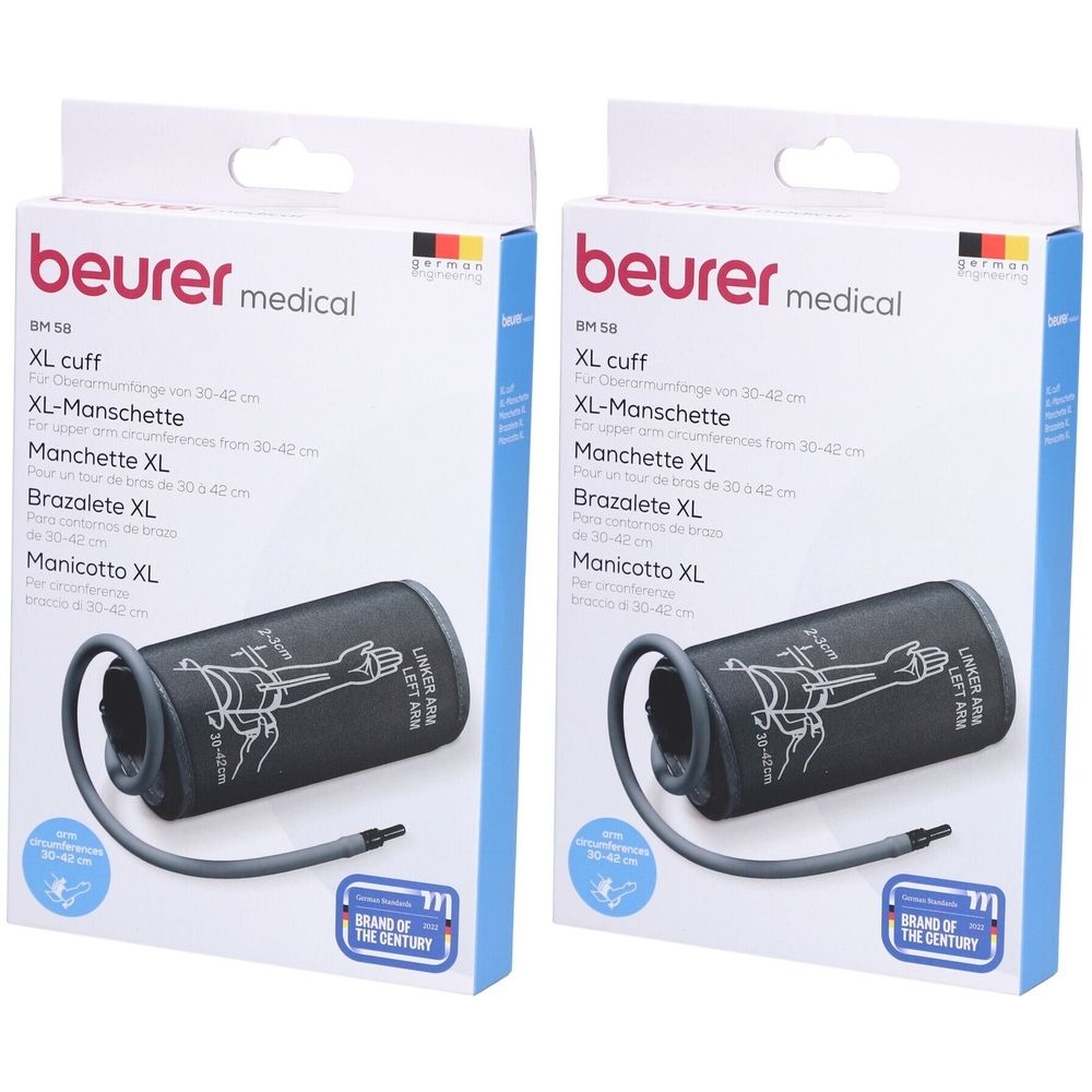Zwei Verpackungen mit Manschette XL. Marke: beurer medical. Schwarze Manschette mit Schlauch. Text: XL-Manschette, Manchette XL.