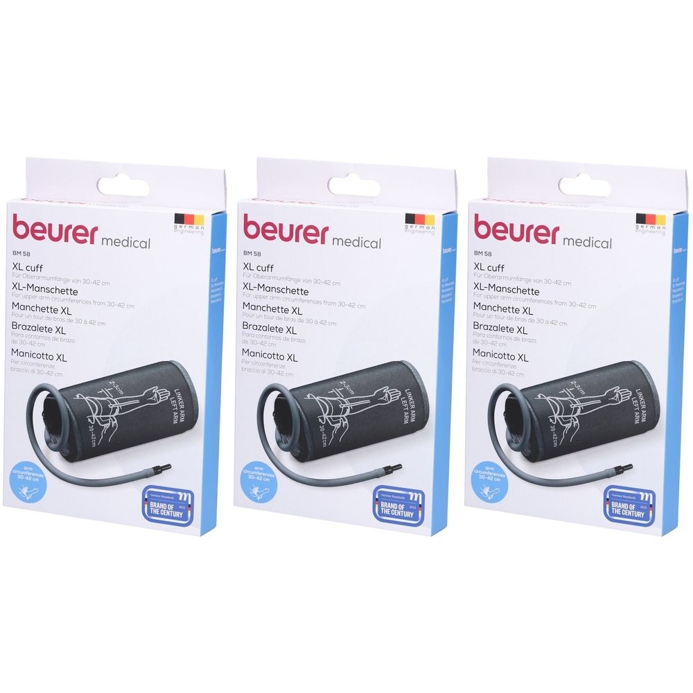 Drei Verpackungen mit Manschette. Aufdruck: beurer medical, XL-Manschette. Mit Schlauchanschluss.