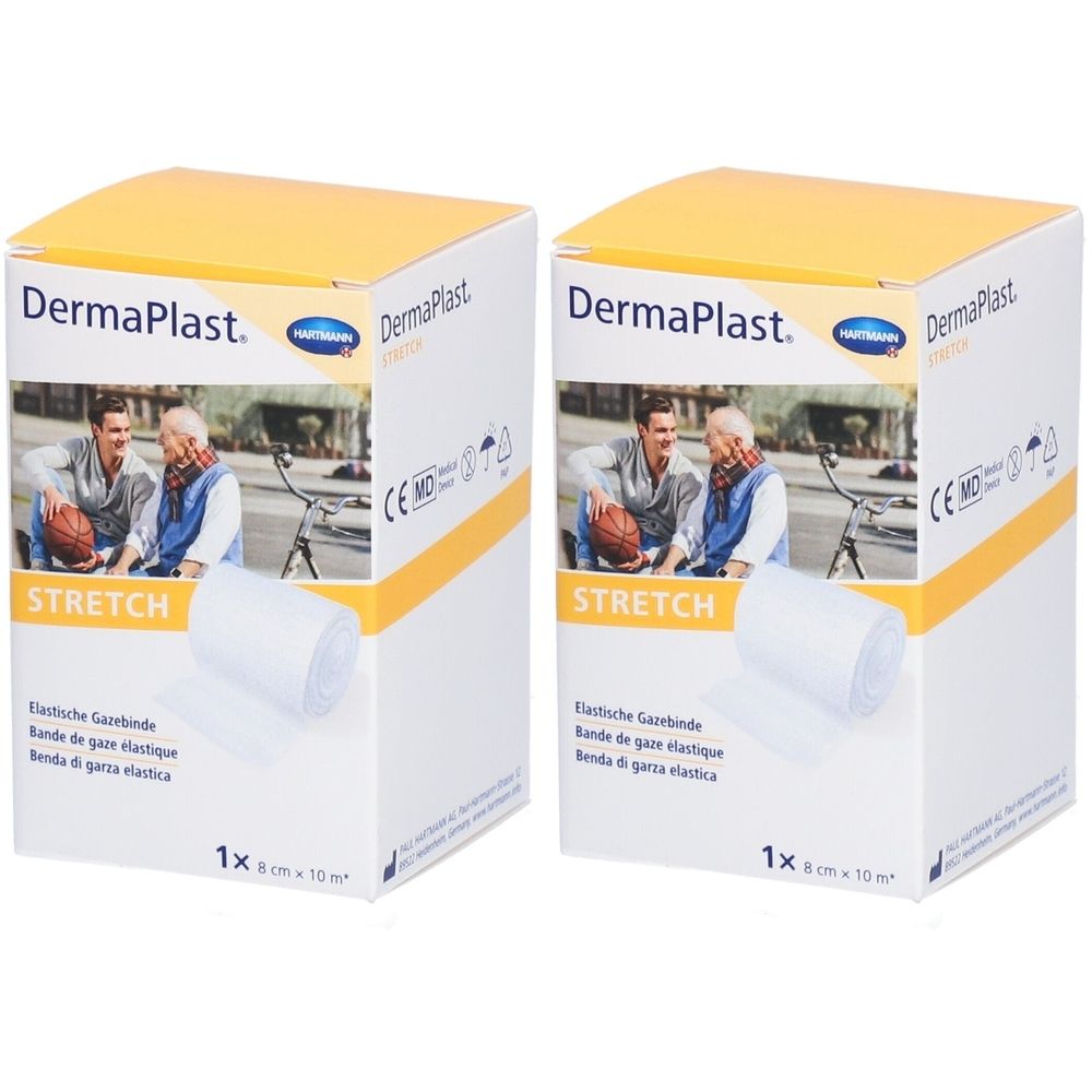 Zwei Kartons Dermaplast Stretch Gazebinde. Weiße Rollen auf den Kartons. Aufdruck: 8 cm x 10 m.
