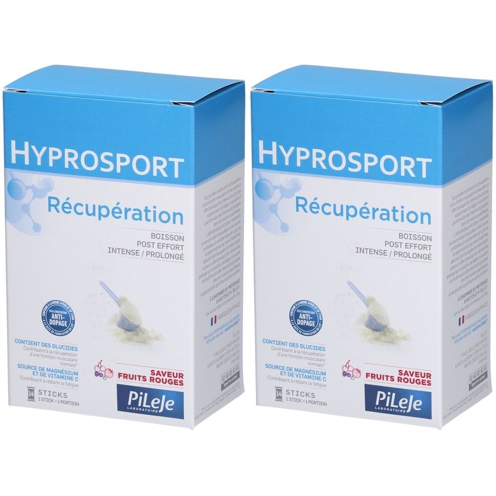 Zwei Kartons mit der Aufschrift HYPROSPORT Récupération. Blaue und weiße Verpackung mit roter Schrift und Logo.