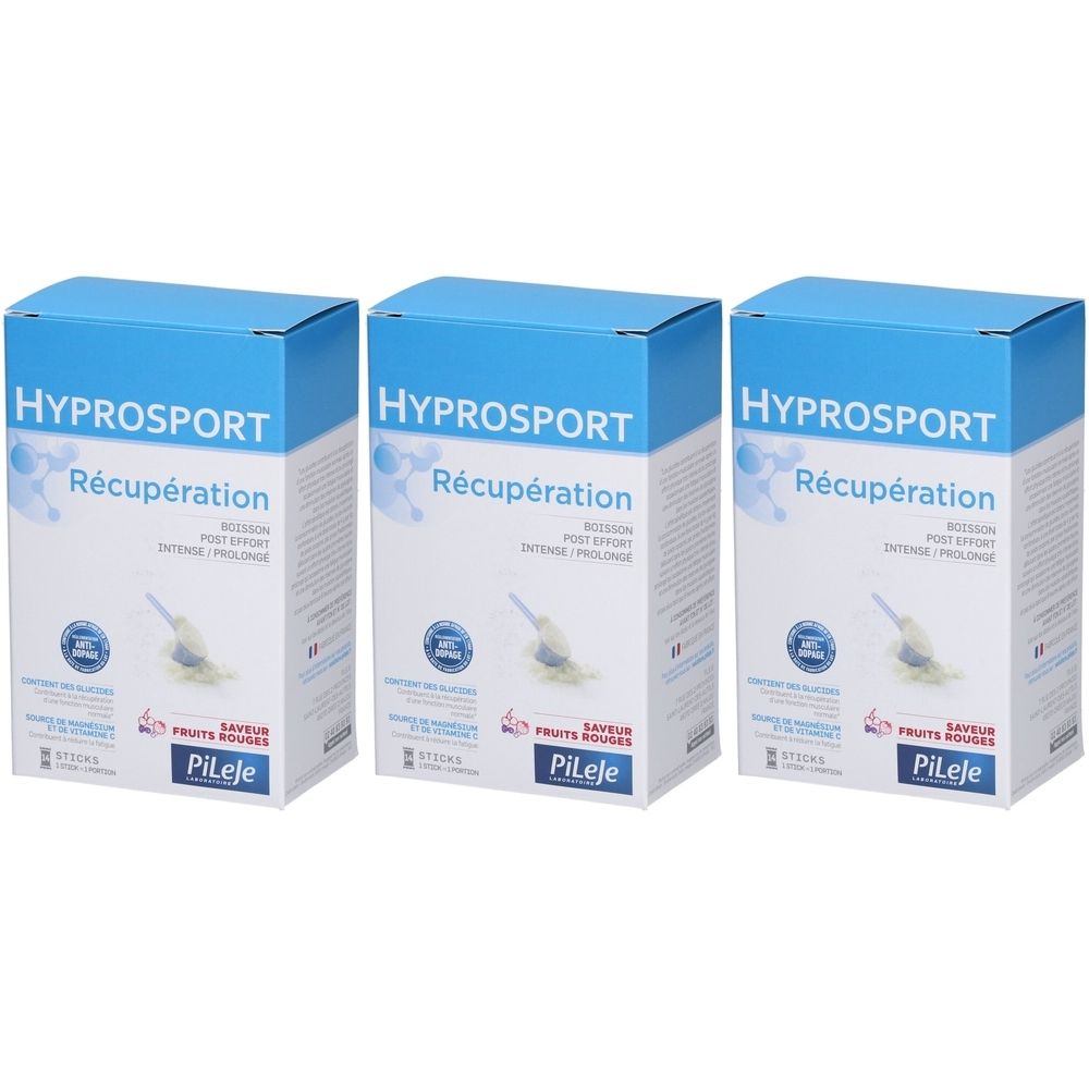 Drei Kartons HYPROSPORT Récupération. Blaue und weiße Verpackung mit Produktnamen und Logo. Aufschrift: Défense / Prolongée.