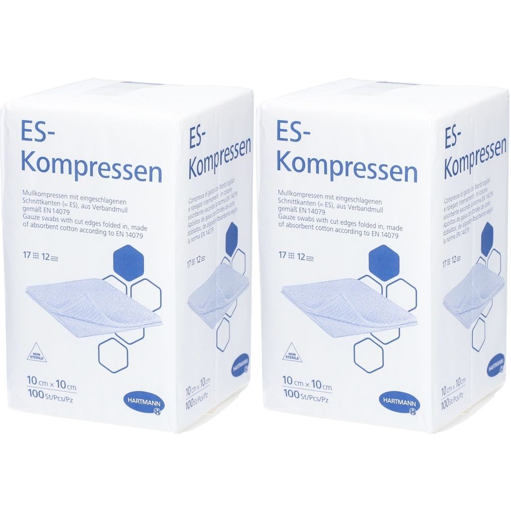 Zwei Packungen ES-Kompressen. Weiße Verpackung mit blauer Schrift und Produktinformationen. Größe: 10 x 10 cm.