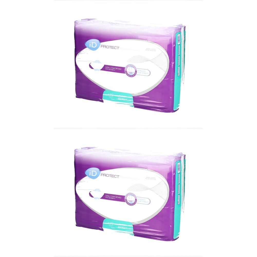 Verpackung mit Bettschutzeinlagen. Aufdruck: ID PROTECT. Lila, weiß und türkisfarbene Verpackung. Einweg-Bettschutzeinlagen.