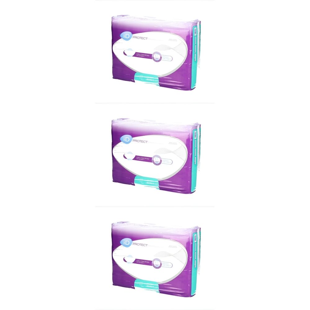 Drei Packungen ID PROTECT Super Bettschutzeinlagen. Verpackung in Lila, Weiß und Türkis. Logo und Produktname sichtbar.