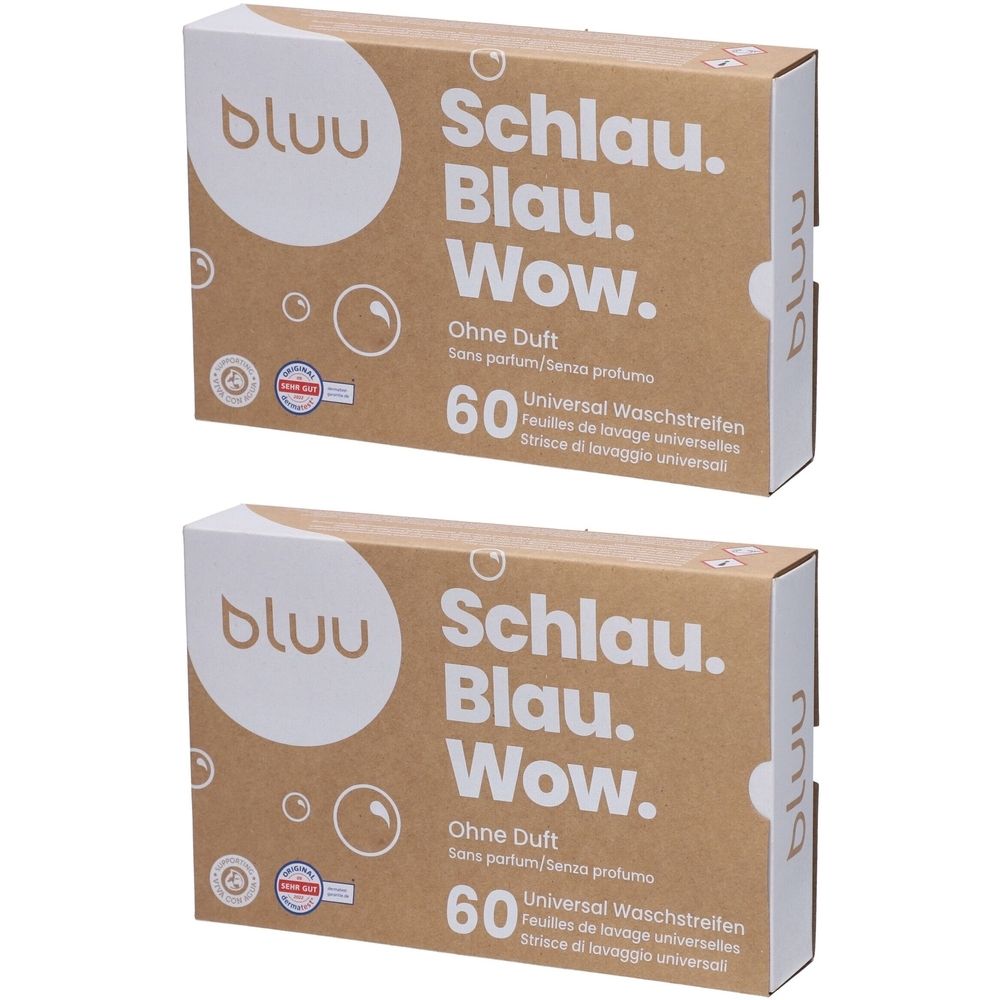 Zwei Kartons mit Waschblättern. Aufschrift: bluu, Schlau. Blau. Wow. Ohne Duft. 60 Waschstreifen. Siegel.