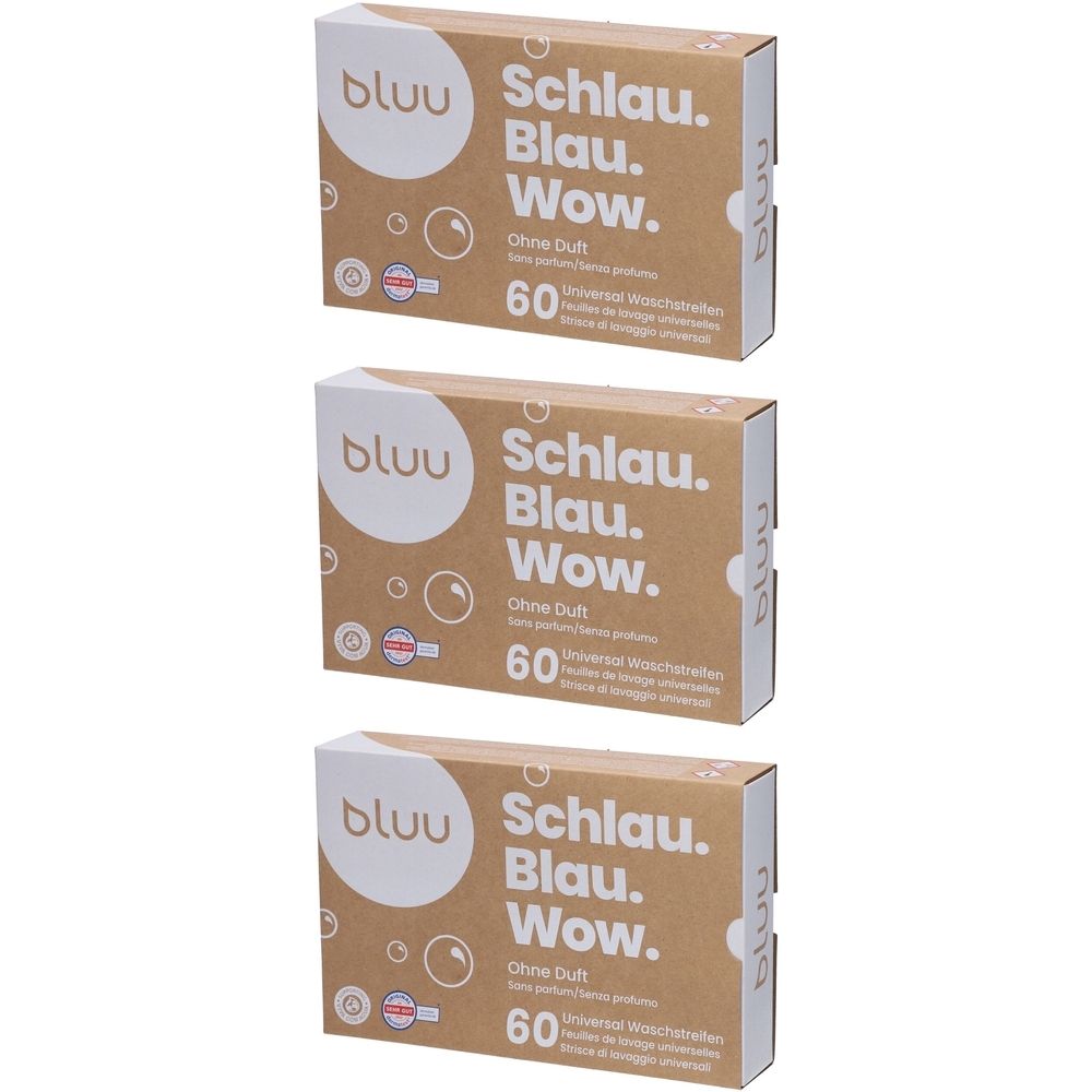 Drei Kartons mit Waschblättern. Aufschrift: bluu, Schlau. Blau. Wow. Ohne Duft. 60 Stück.