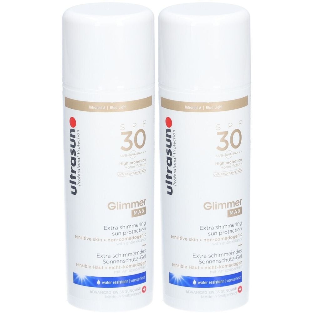 Zwei weiße Sprühflaschen mit Produktinformationen. Aufschrift: Ultrasun, SPF 30, Glimmer Max, Sonnenschutz-Gel.