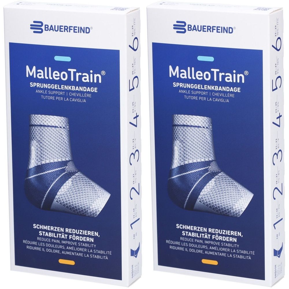 Deux boîtes de MalleoTrain. Attelle de cheville bleue et blanche. Tailles 1-6. Logo Bauerfeind.