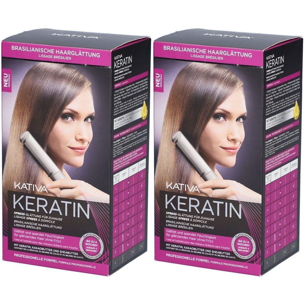 Zwei Kartons mit KATIVA Keratin. Aufdruck: Brasilianische Haarglättung. Abbildung einer Frau mit glattem Haar. Aufschrift: NEU.
