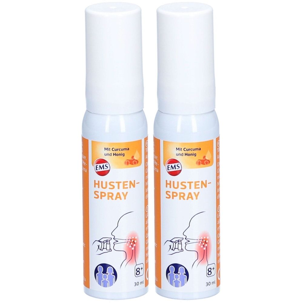 Zwei weiße Sprühflaschen mit orangefarbenen Etiketten. Aufschrift: HUSTEN-SPRAY, EMS-Logo, Mit Curcuma und Honig. Illustration eines Rachens.