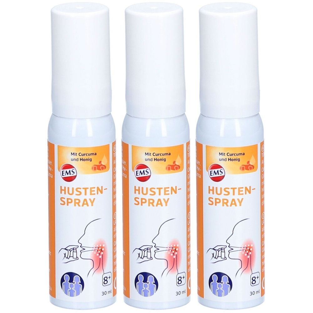 Drei Hustenspray-Flaschen mit weißem Deckel und orangefarbenem Etikett. Text: HUSTEN-SPRAY, EMS, Mit Curcuma und Honig.