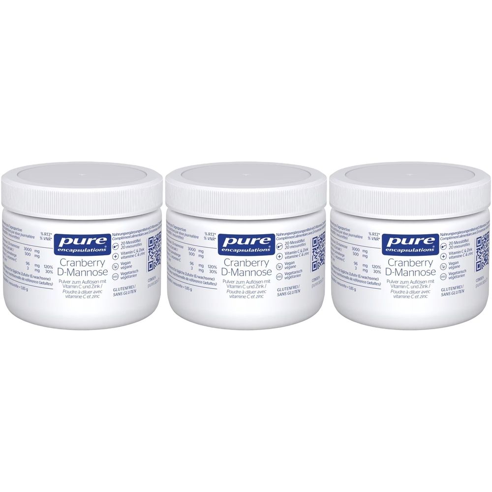 Trois pots blancs avec couvercles. L'étiquette indique "pure encapulations Cranberry D-Mannose".