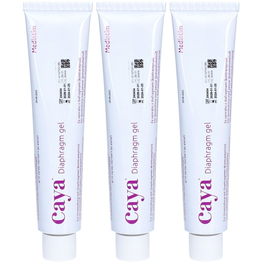 Drei Tuben Caya Diaphragma Gel. Weiße Tuben mit lila Schrift. Aufschrift: Caya Diaphragm gel, Medintim.
