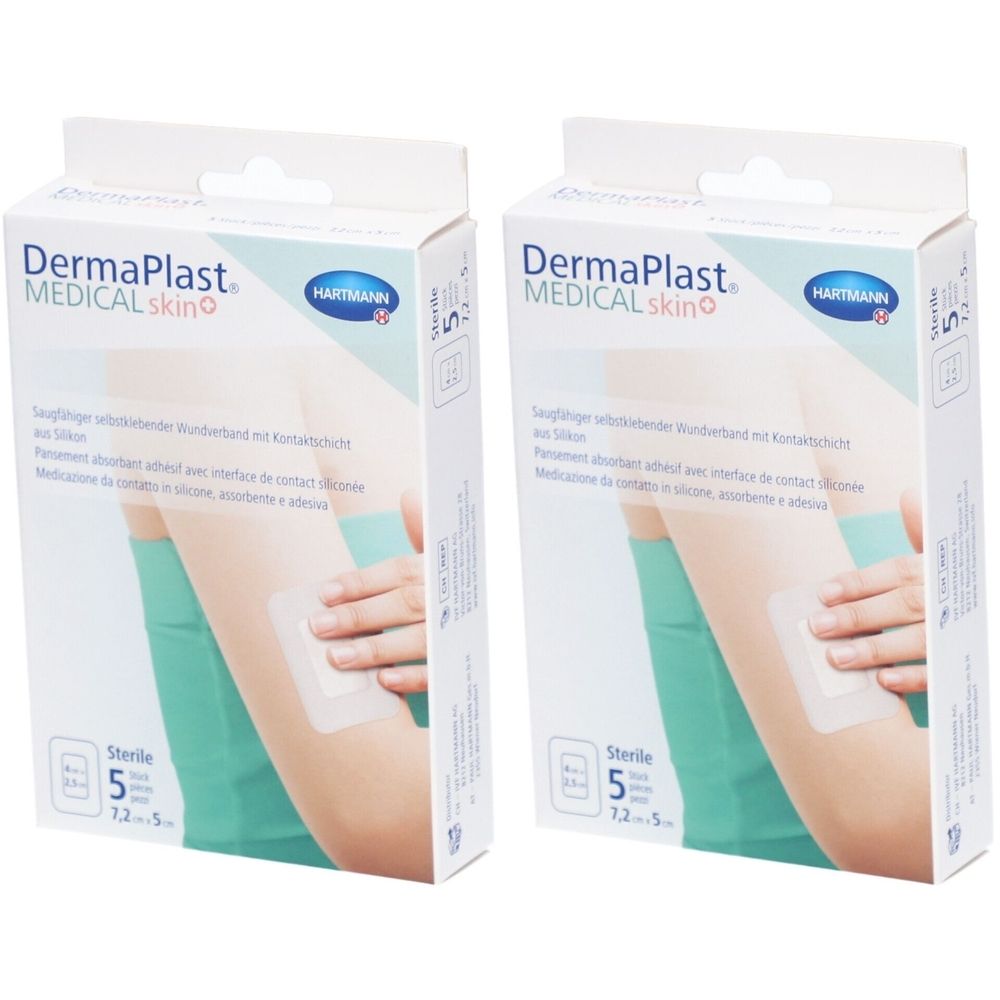 Zwei Packungen Dermaplast Medical Skin+ Vliespflaster. Aufdruck: HARTMANN, sterile Pflaster, 7,2 x 5 cm. Abbildung zeigt Anwendung.