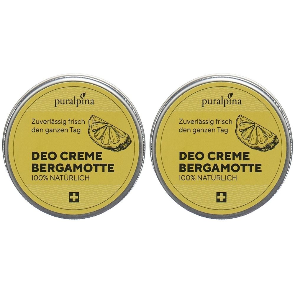 Zwei runde Dosen mit gelbem Etikett. Aufschrift: DEO CREME BERGAMOTTE, 100% NATÜRLICH. Marke: puralpina.