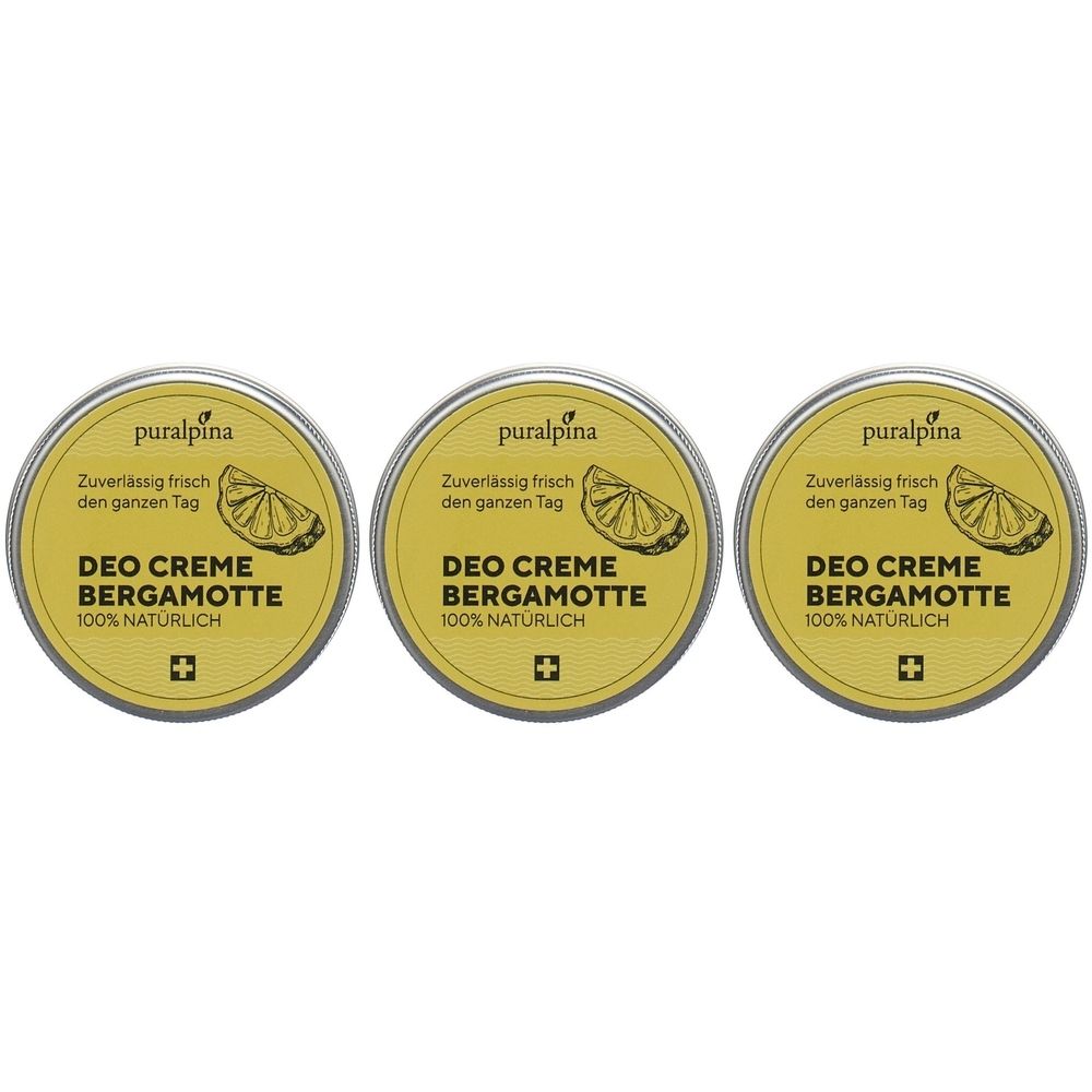 Trois boîtes rondes de crème déodorante. Inscription : Deo Creme Bergamotte, 100% naturel. Logo : citron et croix suisse.