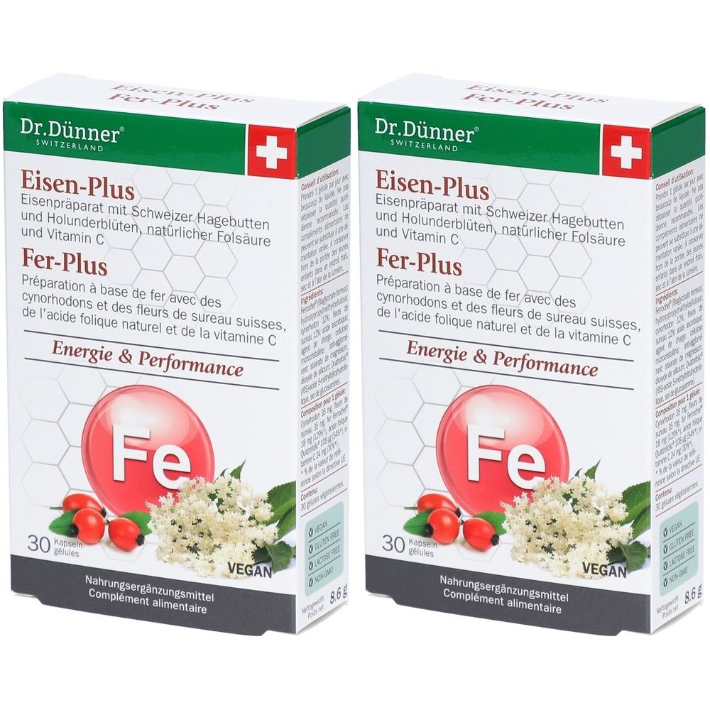 Zwei Schachteln "Eisen-Plus Fer-Plus" mit rotem Logo und Text. Enthält 30 Tabletten. Vegan. Marke: Dr. Dünner.
