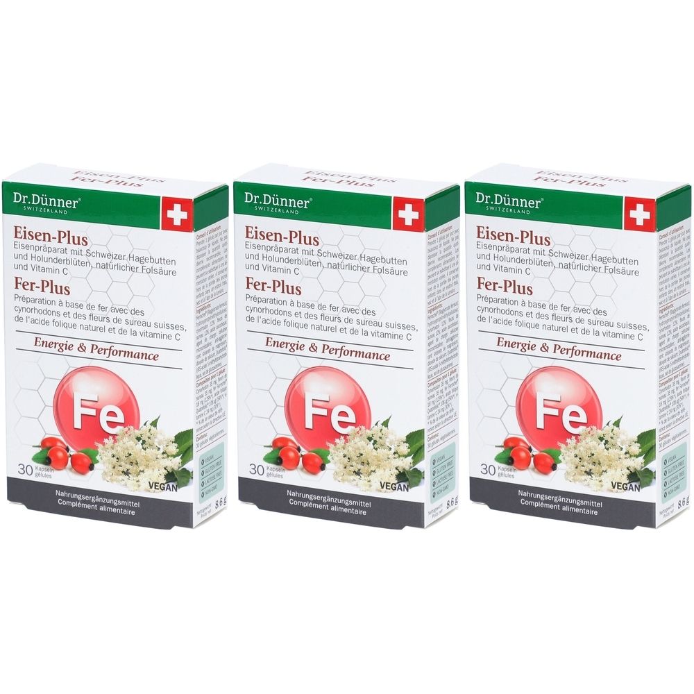 Trois boîtes "Eisen-Plus Fer-Plus" de Dr. Dünner. Éléments rouges et blancs, texte en allemand et français. 30 comprimés, vegan.