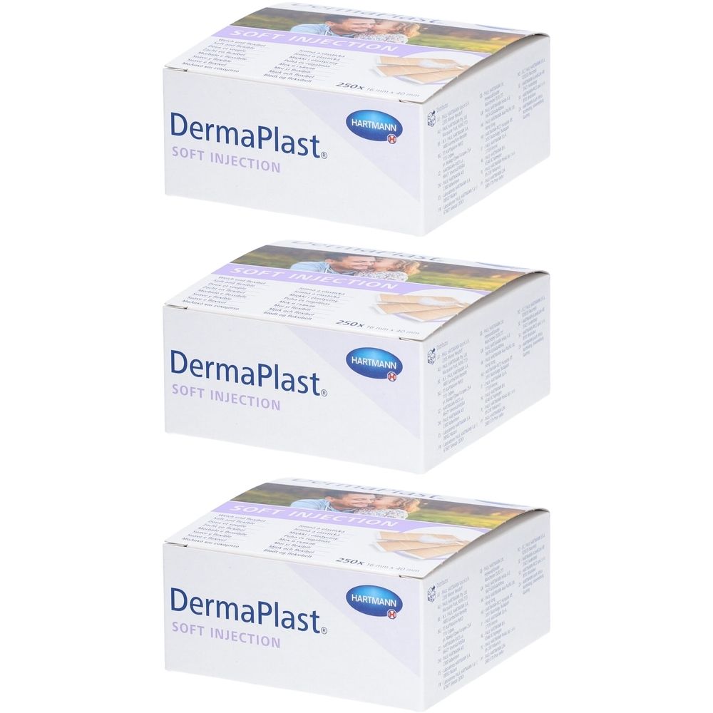 Drei Kartons Dermaplast Soft Injection. Weiß mit blauem Logo und Produktname. Abbildung einer Hand auf der Verpackung.