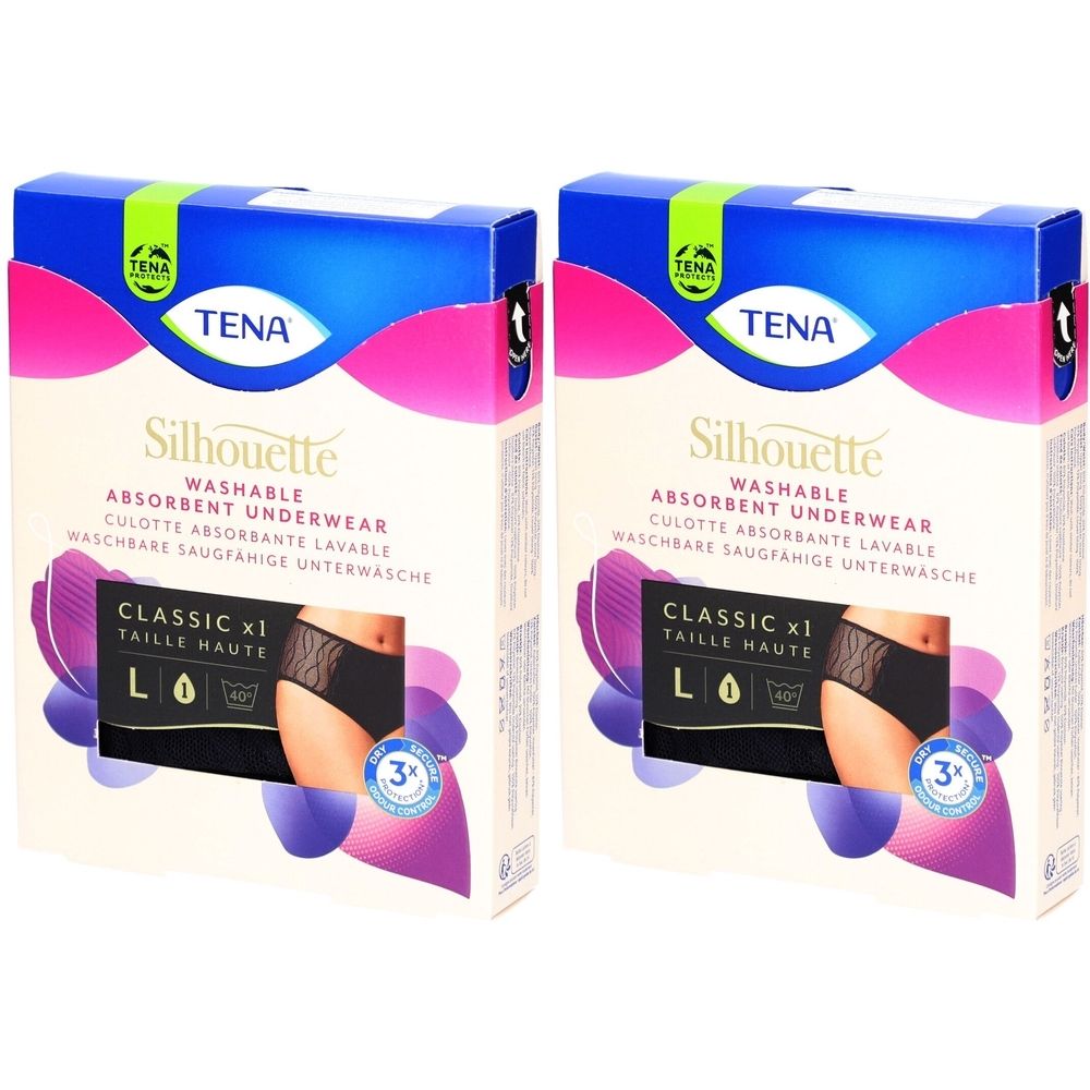 Zwei Produktverpackungen von TENA Silhouette Classic Unterwäsche. Schwarze Unterwäsche, Größe L, waschbar. Aufdrucke: Silhouette, Classic, waschbar.
