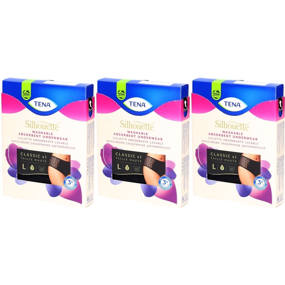 Drei Packungen TENA Silhouette Classic, waschbare Inkontinenz-Unterwäsche. Schwarze Unterwäsche, Größe L, auf Verpackung abgebildet.