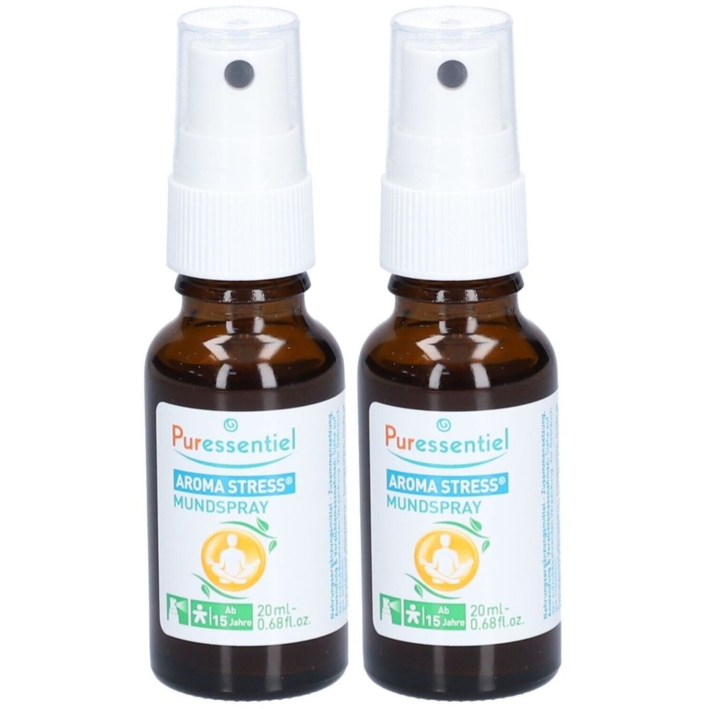 Deux flacons en verre brun avec vaporisateur blanc. Étiquettes : "Puressentiel Aroma Stress Spray Buccal".