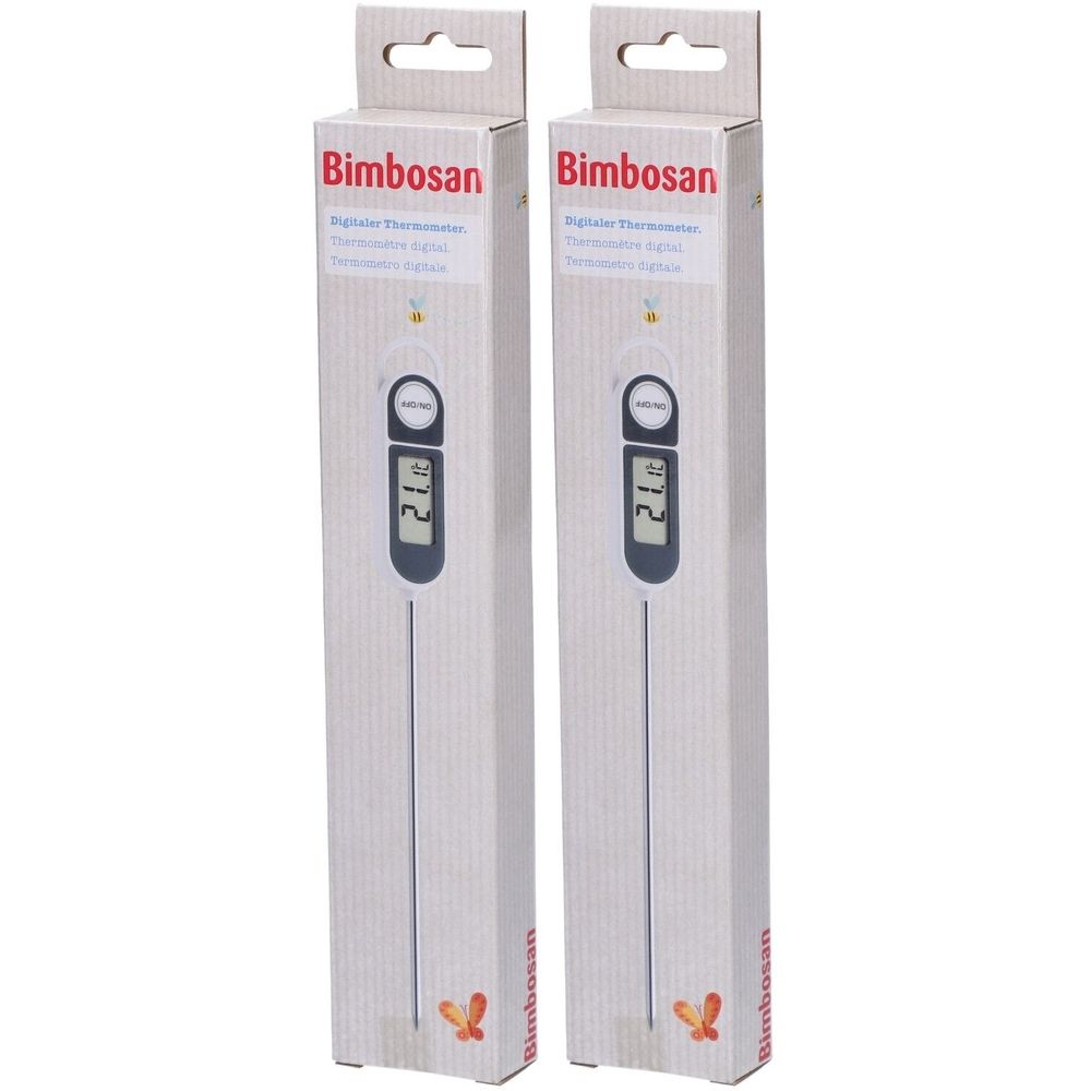 Zwei Thermometer in Verpackung. Digitalanzeige mit Temperatur. Marke: Bimbosan.