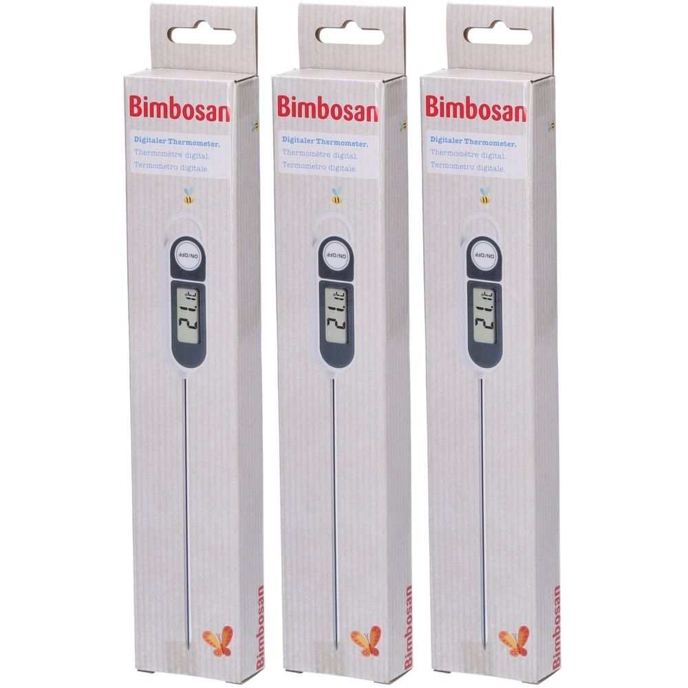 Drei Thermometer in Verpackung. Digitalanzeige mit Temperatur. Marke Bimbosan. Verpackung mit Aufhänger.