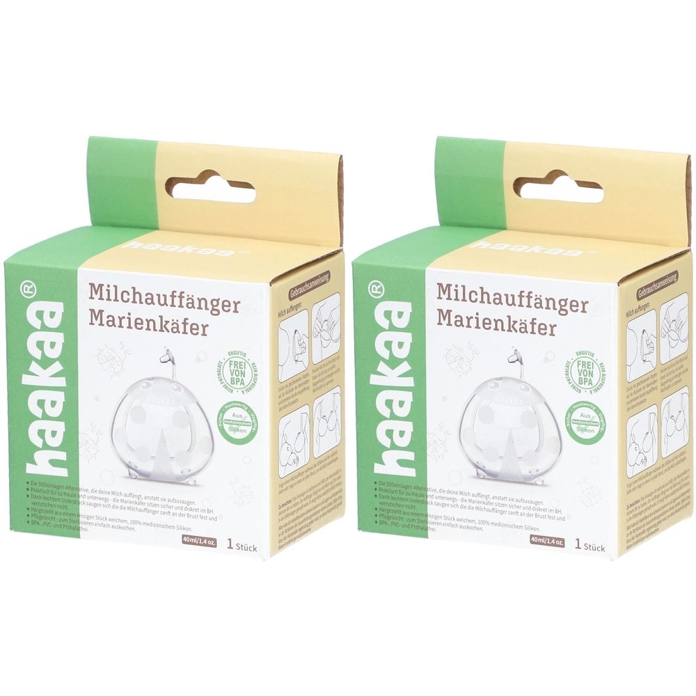 Zwei Produktverpackungen. Aufschrift: HAAKAA, Milchauffänger Marienkäfer. Abbildungen des Produkts und Logos. Grün-beige Farbkombination.