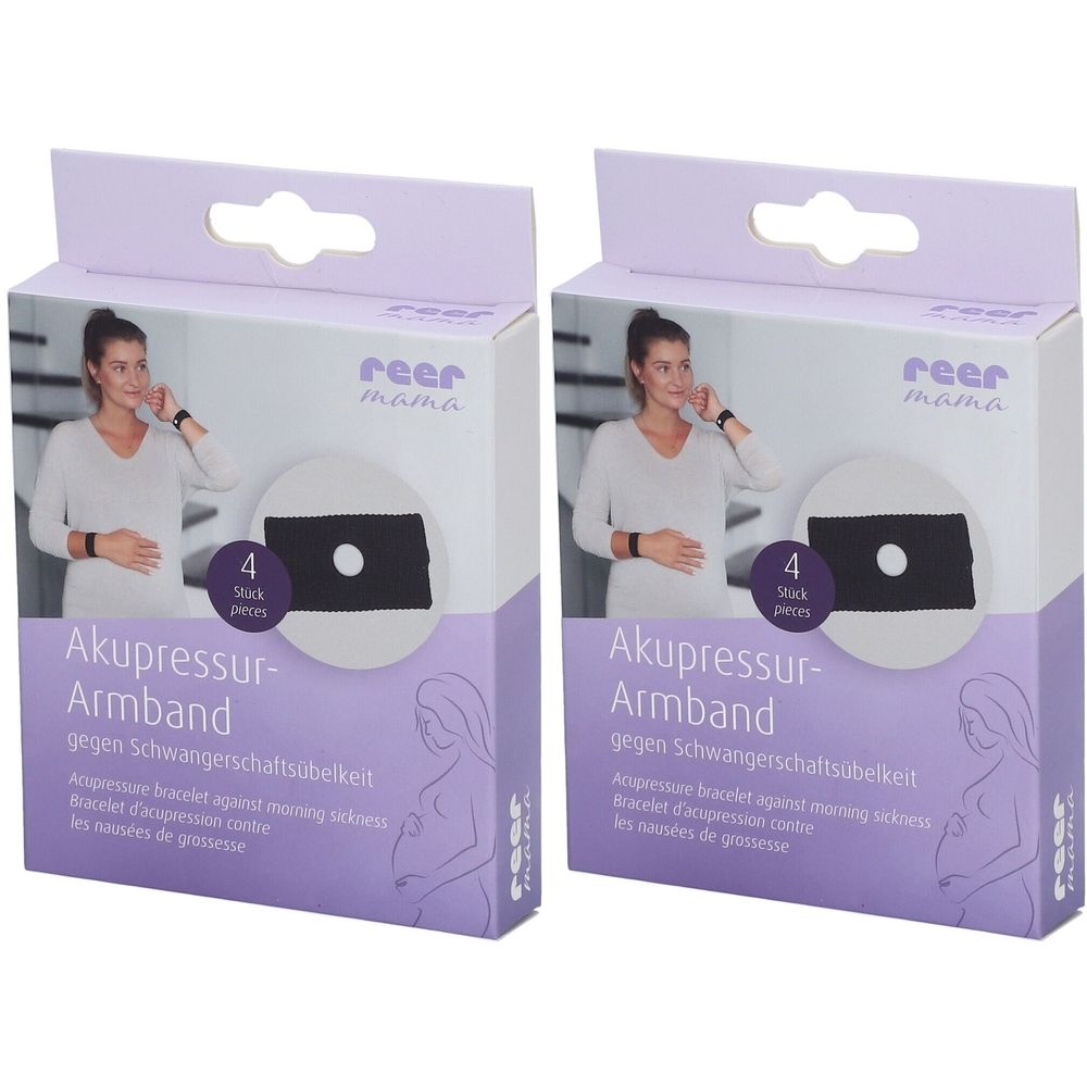 Zwei Packungen Akupressur-Armbänder. Auf jeder Packung ist ein schwarzes Armband mit weißem Punkt abgebildet. Text: reer mama, Akupressur-Armband.