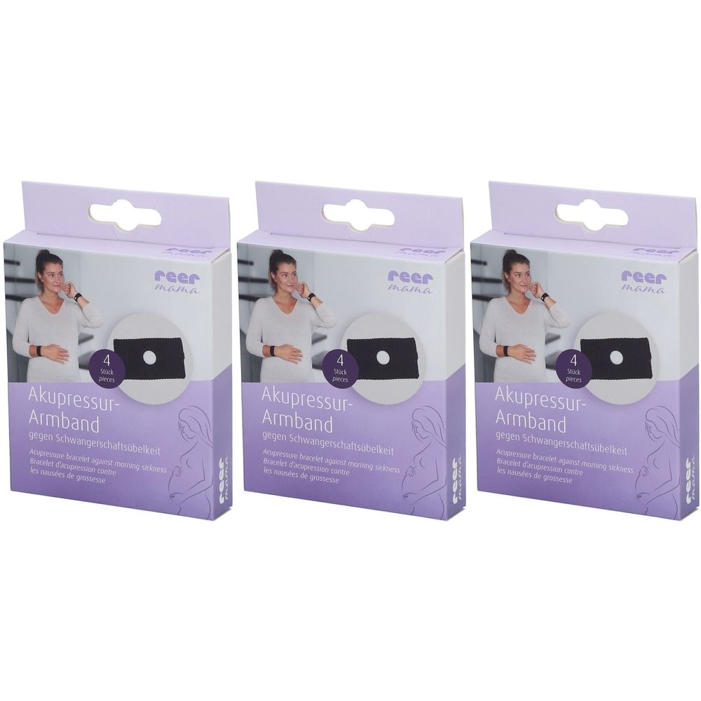 Drei Packungen Akupressur-Armbänder. Jede Packung zeigt ein schwarzes Armband und eine schwangere Frau. Text: Akupressur-Armband gegen Schwangerschaftsübelkeit.