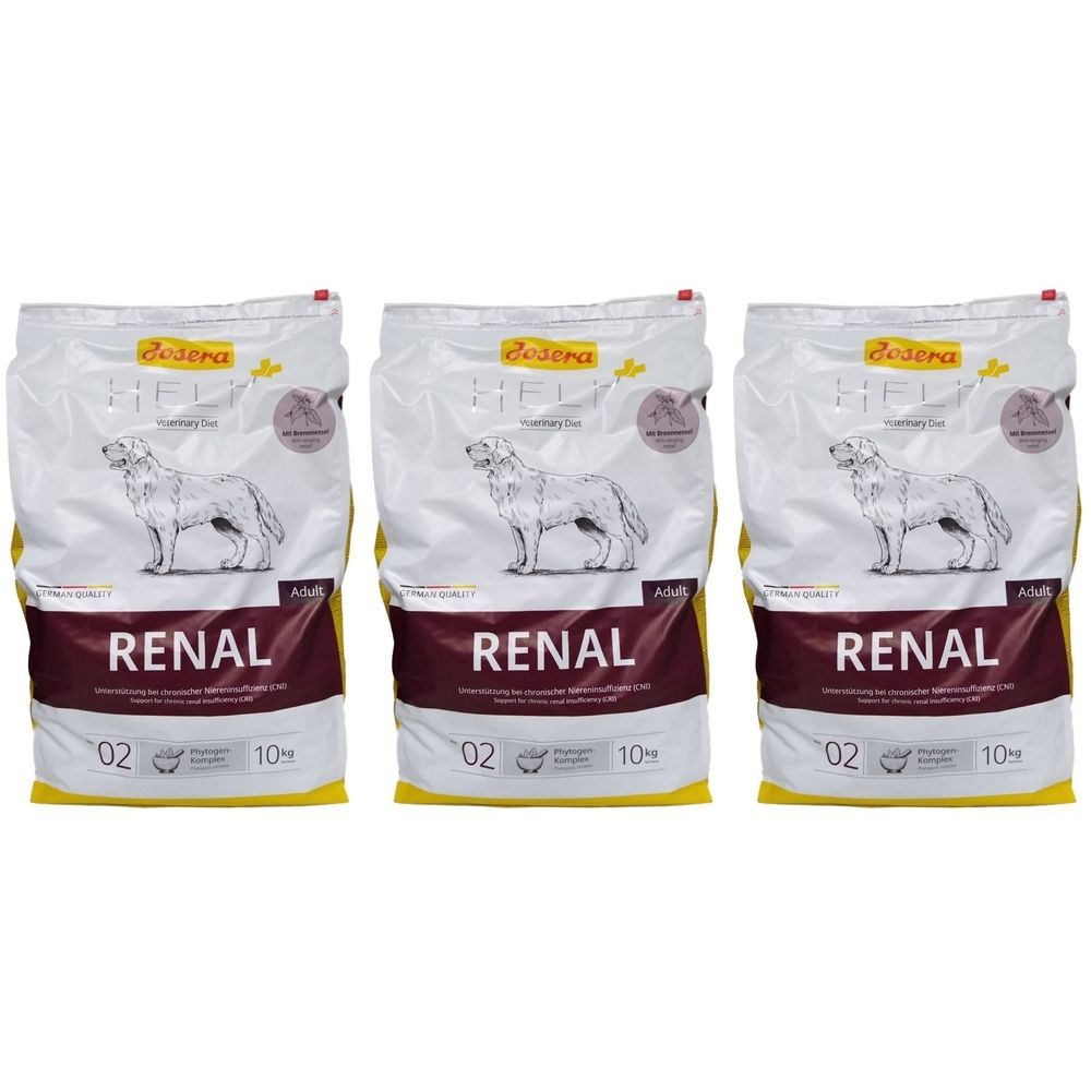Drei Säcke Hundefutter. Aufschrift: RENAL, JOSERA HELP+. Abbildung eines Hundes. Gelb, weiß und bordeauxrot.