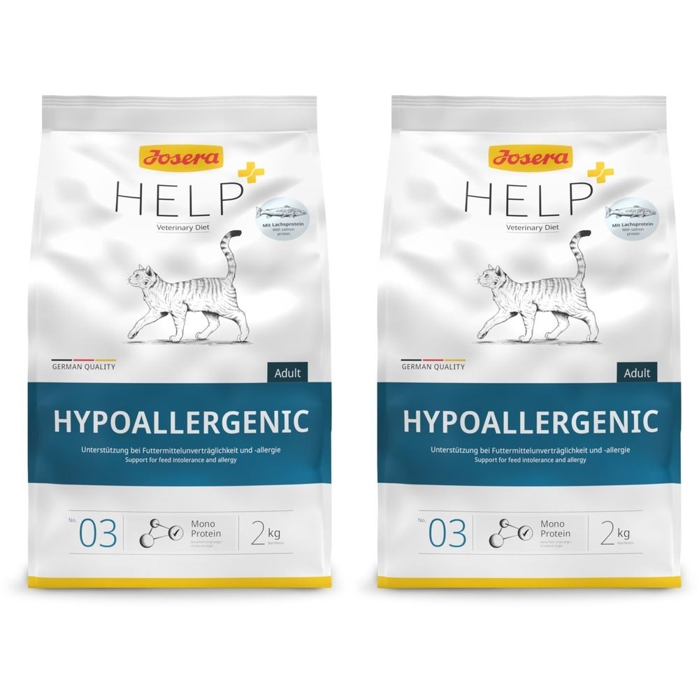 Zwei Beutel Tiernahrung. Aufschrift: JOSERA HELP, Hypoallergenic, Adult. Mit Katzenabbildung. 2 kg.