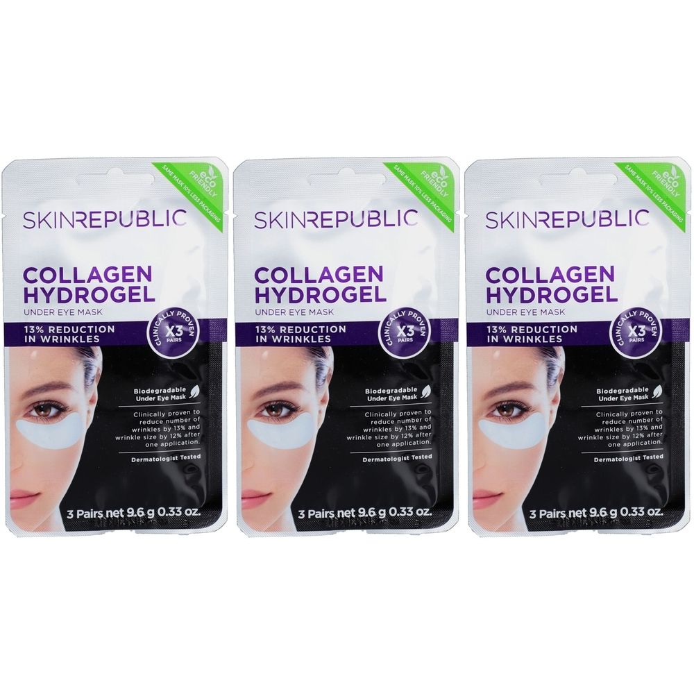 Trois paquets de masques pour les yeux Skin Republic Collagen Hydrogel. Chaque paquet contient trois paires de masques. Impression : 13% de réduction des rides.