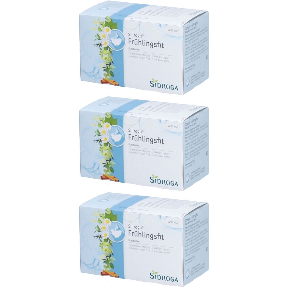 Drei Schachteln Sidroga® Frühlingsfit Tee. Jede Schachtel zeigt Produktname, Logo und floralem Design. Verpackung mit 20 Beuteln.