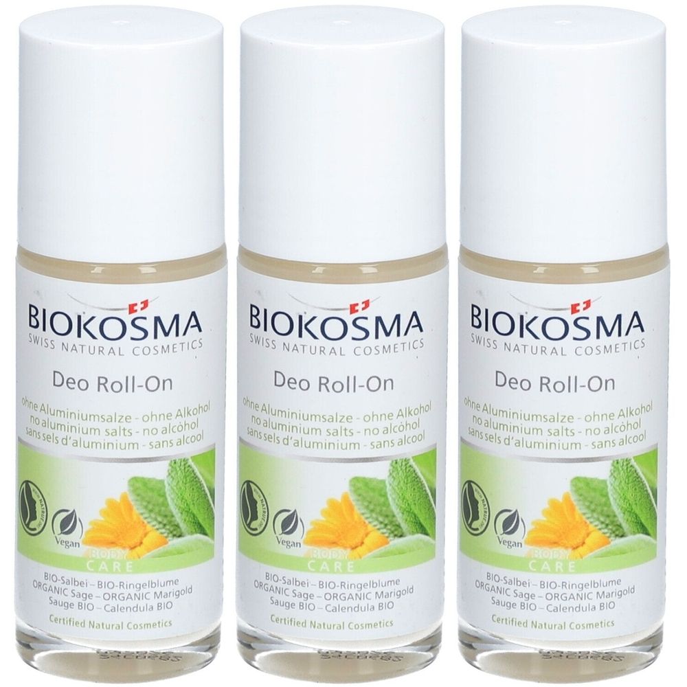 Drei Roll-on-Deodorants mit weißem Deckel. Aufschrift: BIOKOSMA, Deo Roll-On, ohne Aluminiumsalze. Vegan-Siegel und Blüten-Illustration.
