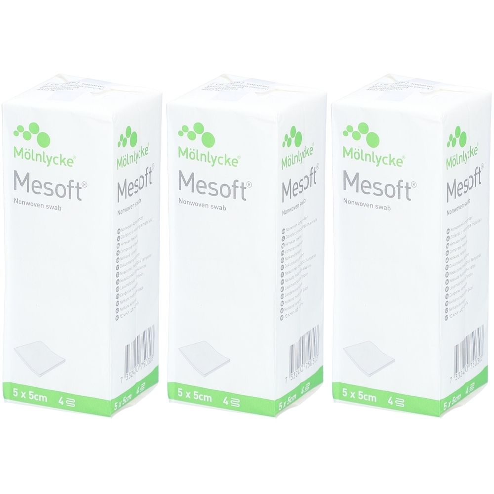 Drei weiße Kartons mit dem Aufdruck "Mesoft" und dem Logo von Mölnlycke. Aufdruck: 5x5cm, 4 Stück.