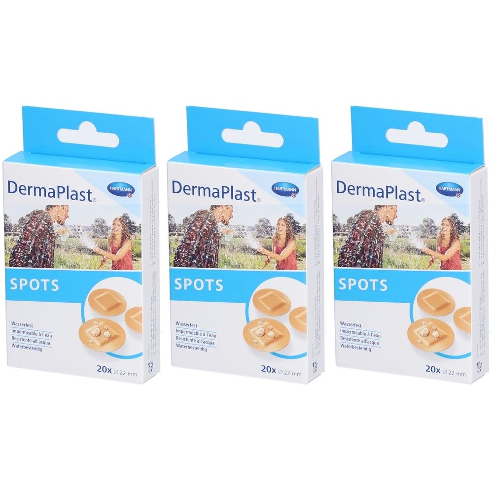 Trois boîtes de Dermaplast Spots Rundpflaster. Chaque boîte montre des pansements et contient 20 pièces. Emballage bleu et blanc.