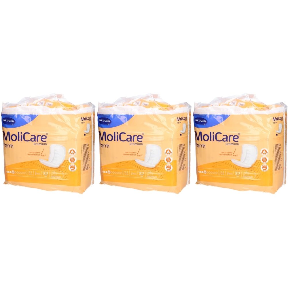 Drei Packungen MoliCare Premium Form. Gelbe Verpackung mit Produktabbildung und Schriftzug. 4 Tropfen-Symbol.