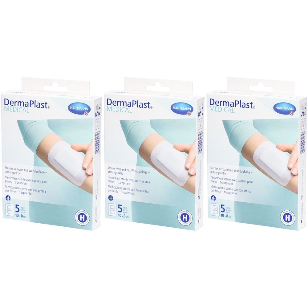 Trois boîtes de pansements médicaux. Chaque boîte montre un bras avec un pansement. Le nom DermaPlast est visible.