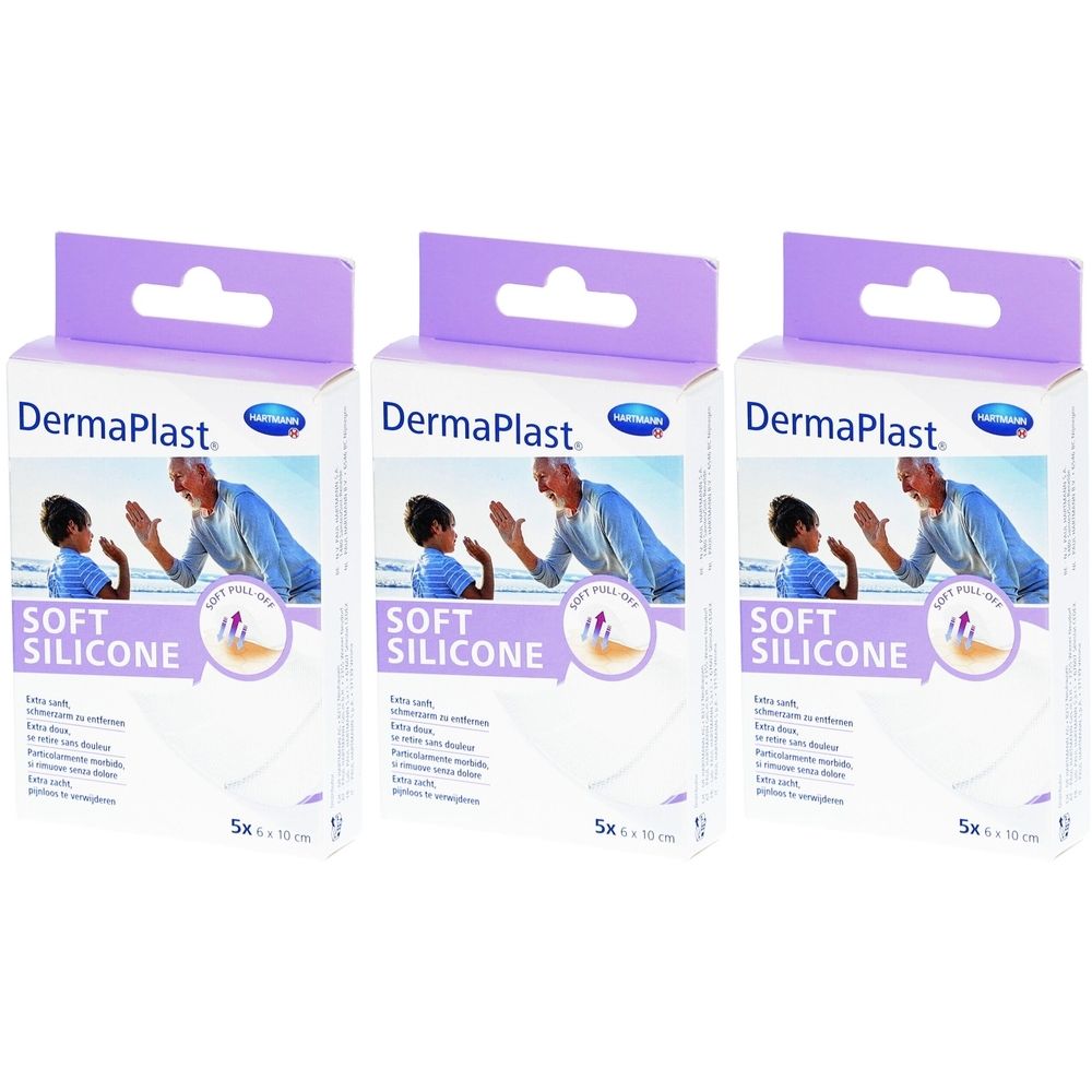 Drei Packungen DermaPlast Soft Silicone Pflaster. Jede Packung zeigt ein Bild von einem Mann und einem Kind. Aufschrift: Soft Silicone, 5 x 10 cm.