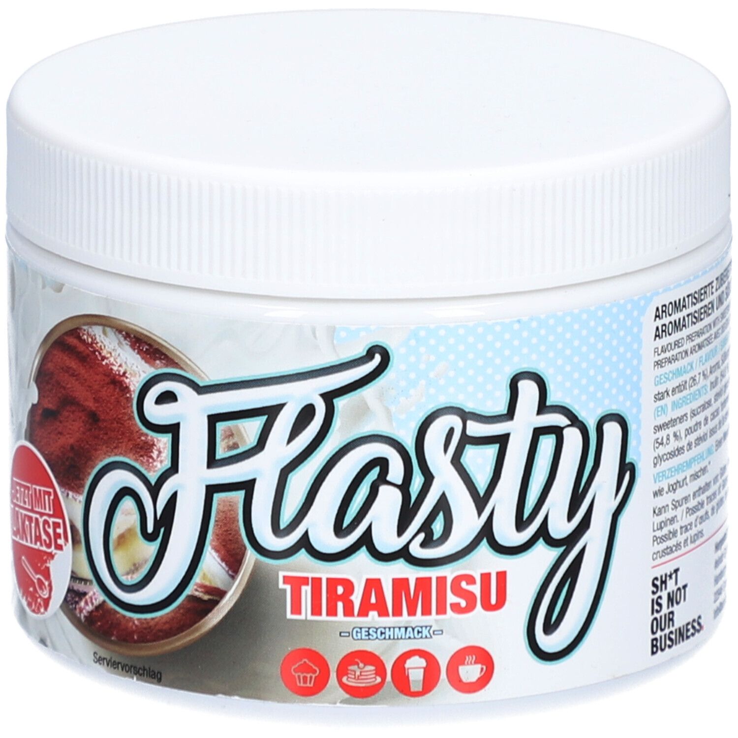 Weißes, rundes Gefäß mit Flasty Tiramisu-Etikett. Enthält ein Tiramisu-Bild und die Aufschrift "GESCHMACK".