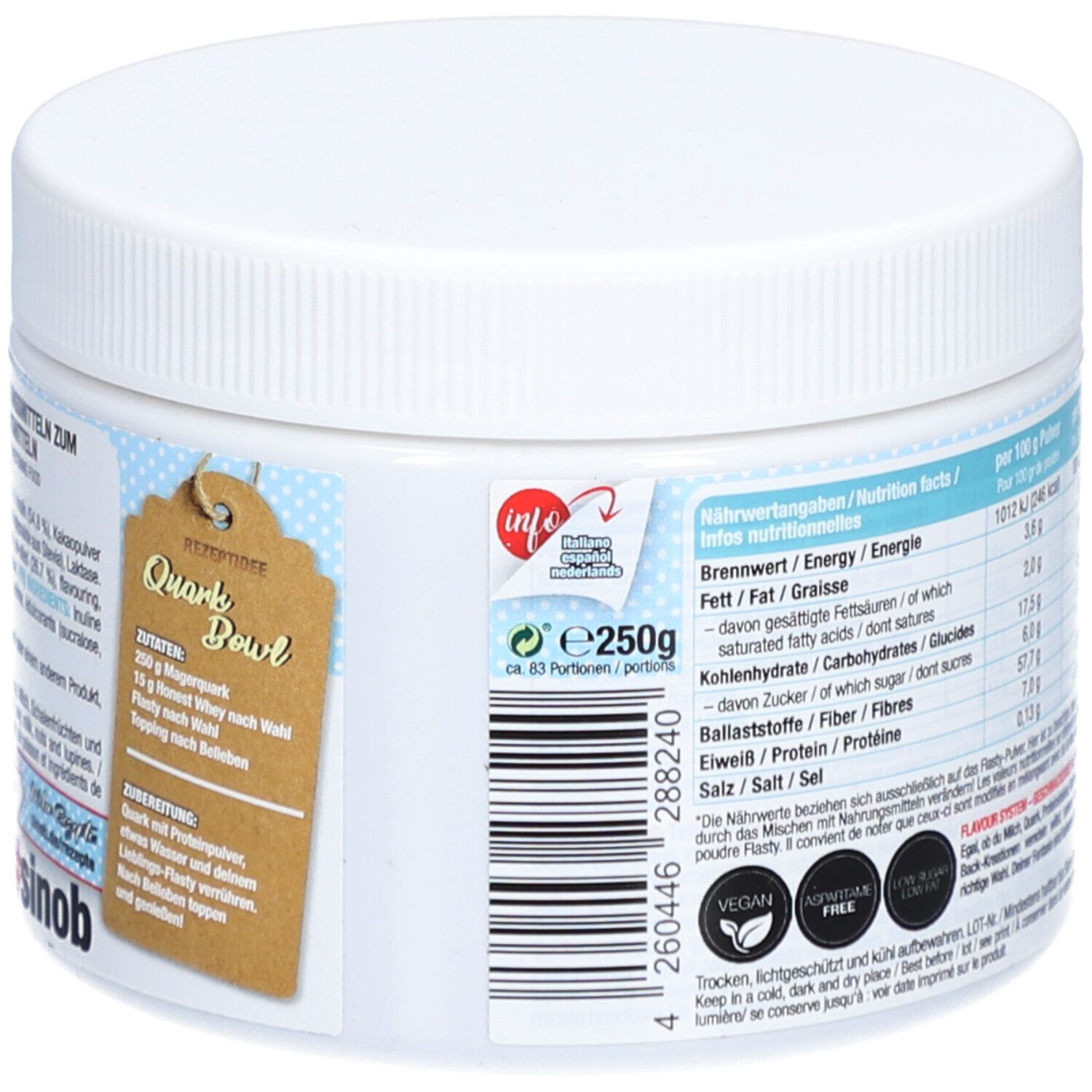 Weißes, rundes Gefäß mit Nährwertangaben und "Quark Bowl"-Etikett. Enthält Informationen und Barcode.