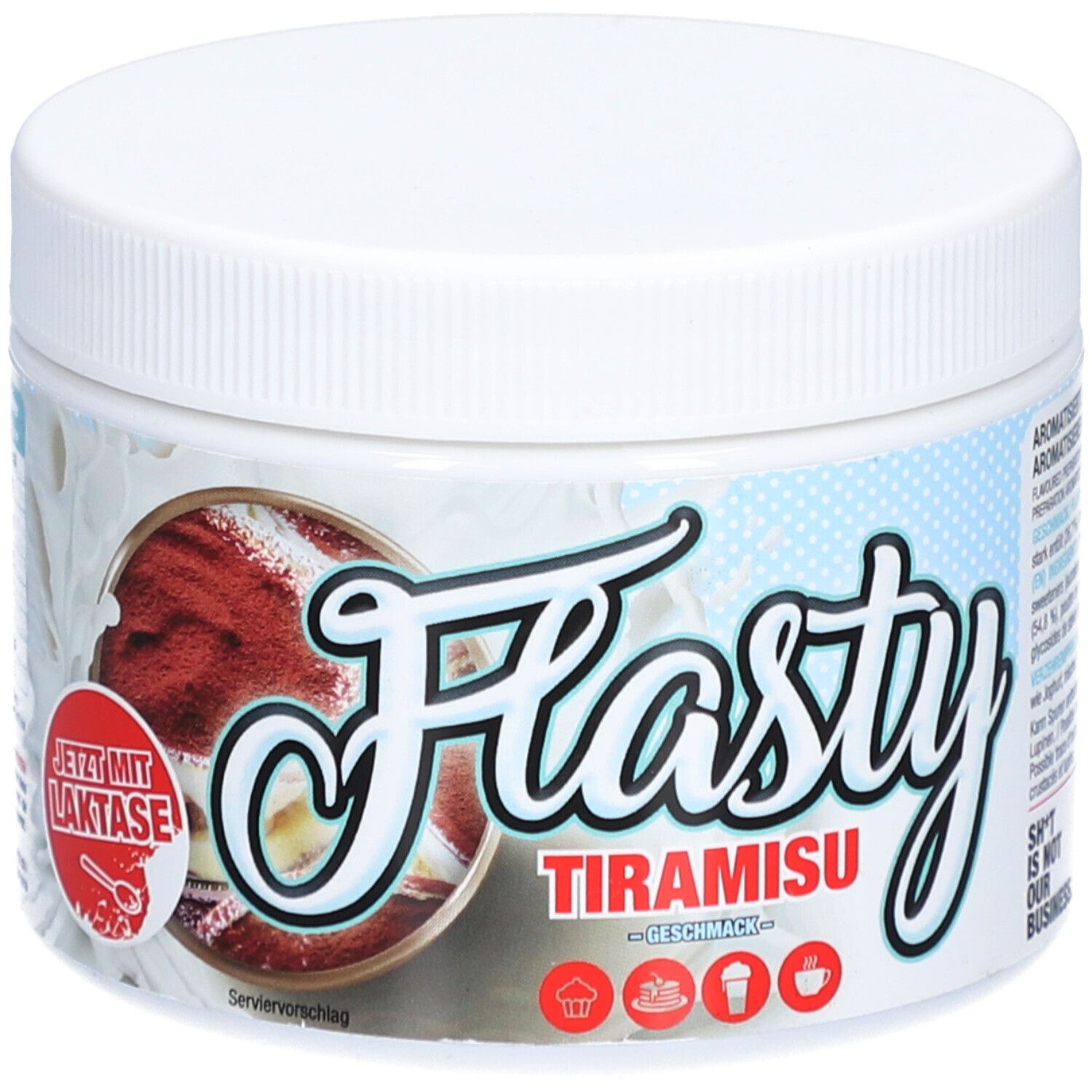 Weißes, rundes Gefäß mit Flasty Tiramisu-Etikett und "JETZT MIT LAKTASE"-Aufkleber. Tiramisu-Bild.