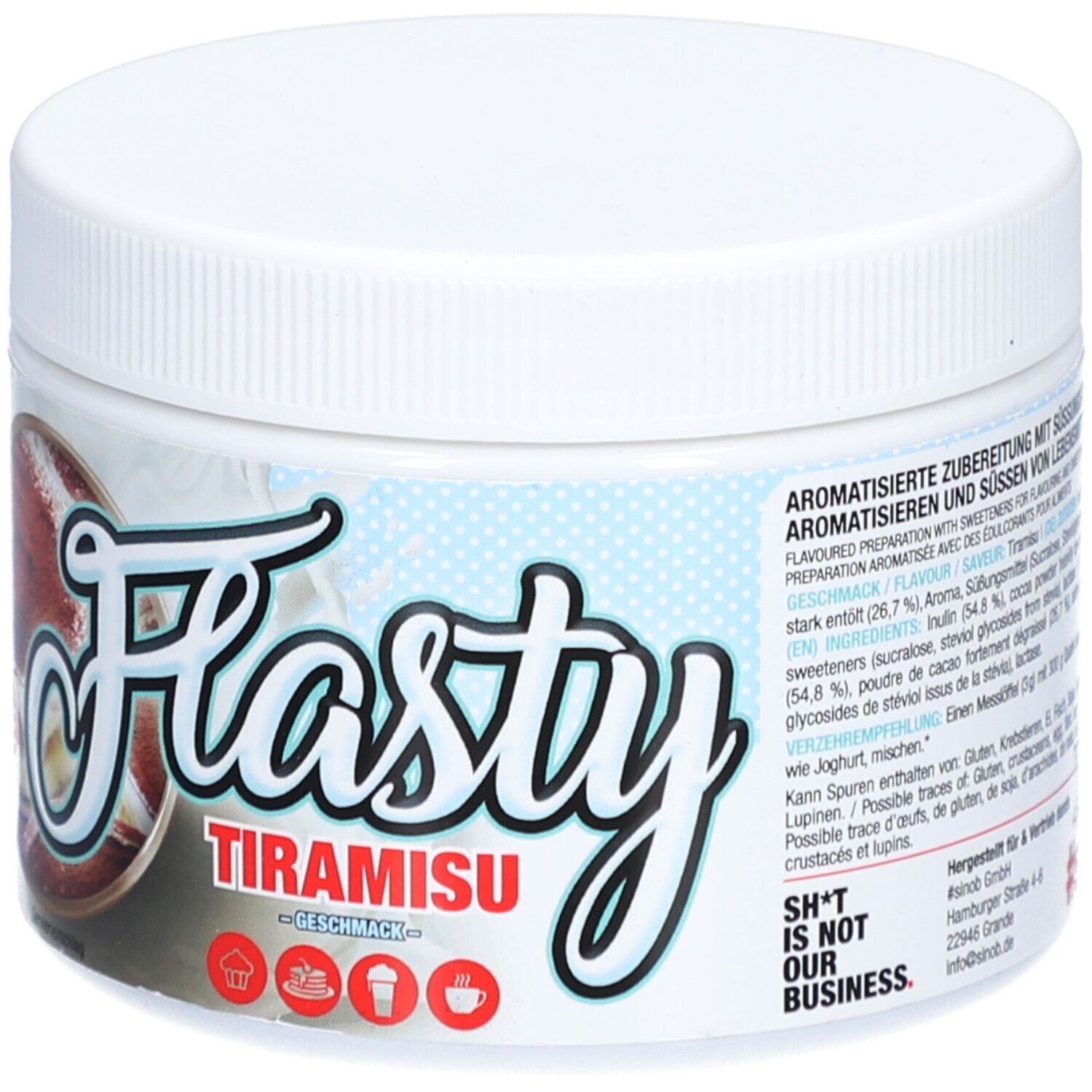 Weißes, rundes Gefäß mit Flasty Tiramisu-Etikett. Enthält Informationen zur Zubereitung und Inhaltsstoffe.